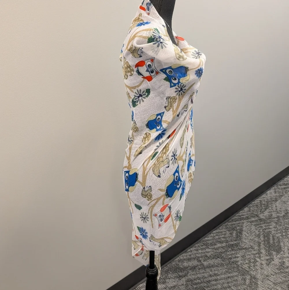 Floral Owl Print Scarf White Blue and Red 69